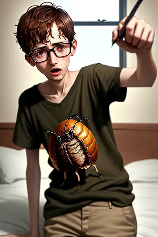 short man with very short brown hair and glasses, dirty shirt, fighting a giant bed bug, photorealistic