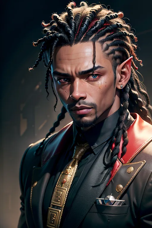 8k, handsom male facial features, african american Male, Mafia tailored suit, Brown-Skinned, Goblin ears, Glock pistols, Space Ship background, white-and black Dreadlocks, mad scientist, biochem, look at the camera, red-colored eyes, dark brown skin, (handsome detailed eyes, symmetrical eyes), dramatic lighting, (photorealism:1.5), (photorealistic:1.4), (8kRAW photomasterpiece), High detail RAW color photo, a professional photorealistic, (highest quality), (best shadow), (best illustration), ultra high resolution, highly detailed CG unified 8K wallpapers, physics-based rendering, photo, realistic, realism, high contrast, hyperrealism, photography