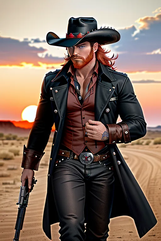 Wild west, Badass cowboi, black cowboi hat with red band and a feather, medium red hair, sharp blue eyes, strong facial features, red beard, fit, muscular, wearing a long trench coat, black shirt, holding a chrome 44. Revolver, gun holster on hips, black pants, walking away from the sunset, high definition, 4k quality, excellent lighting, great shading, pristine detail, very clear picture, accurate at lower promp guidence, five fingers per hand.