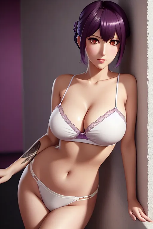 a digital art of,senjougahara hitagi,wearing camisole,leaning against the wall,indoor,big breasts,five fingers per hand,bangs hairstyle,charming face,beautiful lips,detailed large eyes,curved eyebrows,smooth skin,cosy,tattoo,sharp focus,bokeh,surreal,editorial,unreal engine