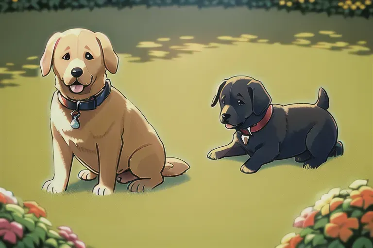 ((Labrador Retriever)), garden, chew toys, collar, happy, (blond), playing, ((puppy)), small,