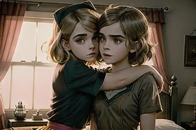 ((Kiernan Shipka as Sabrina Spellman)) and ((Emma Watson as Hermione Granger)) wearing only t-shirt and cotton panties, cute, two lesbian girls hugging kissing and caressing in bed