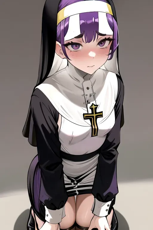 Beautiful woman with short purple hair in ponytail, masterpiece, best quality, (((small breasts))), detailed vagina, ((full nun outfit)), symmetrical eyes, wet pussy, embarrassed, (praying on her knees), thigh gap