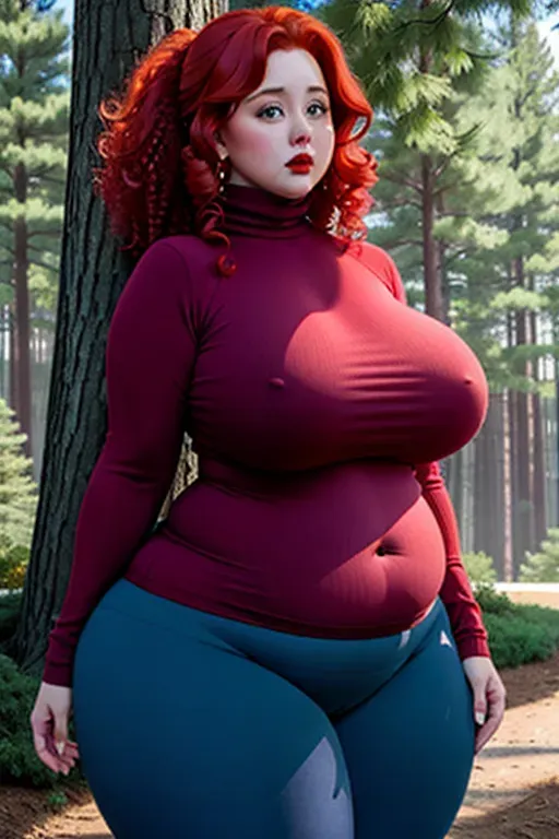 An extremely fat redheaded milf with curly hair wearing a turtleneck sweater and yoga pants, with plump red lips and a belly that sags to her knees, extremely thick thighs, tree-trunk thick thighs, huge sagging breasts, obese, morbidly obese, extremely wide and thick proportions, unrealistically busty, unrealistically thick, cartoonishly wide and fat