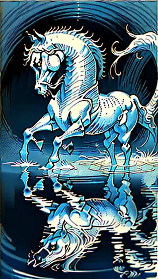 ((128k masterpiece)) (In water reflection is skull image) vintage etching style illustration of a Scottish kelpie water creature, (((Vintage line etching style))). a bestiary image of a traditional (welsh kelpie fantasy mythical creature), dynamic compositional poster art)), kelpie:1.5 water dwelling horse of sadness, ((half-horse-half-fish)) as in water reflection skeletons hands raise from water skulls in water ripples pattern