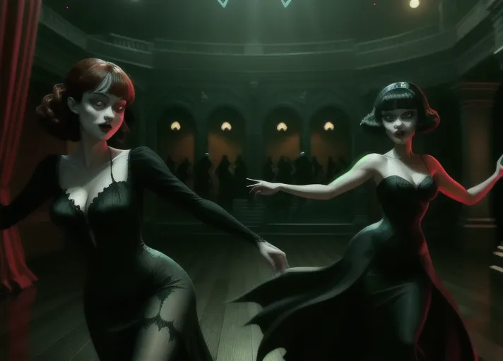 two ladies in a dark atmospheric modern goth nightclub, Dakota Fanning as Mavis Dracula of Hotel Transylvania in tight black revealing attire and hypnotic red glowing eyes, dancing the night away with beautiful good auburn haired Elizabeth Lail as Anna of Arendelle in a modest light green royal gown. Photorealistic, b-horror film screencap,