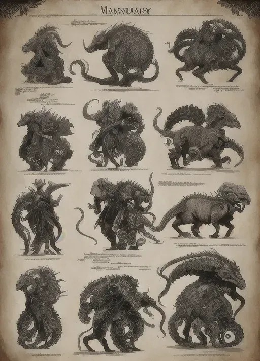 Masterpiece, 8k, realistic animal anatomy, realistic armor and weapons, ((Highly detailed patterned unusual native costume, (Video game character design sheet)) (View from all side character.) High quality design masterpiece of ((bestiary style layout page)) (octopus tentacles)