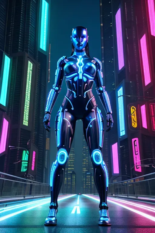 In this mesmerizing 3d digital high-definition image, an athletic woman emerges as a naked cyberpunk warrior amidst a futuristic urban backdrop. Her toned physique glistens with a sleek metallic sheen, blending seamlessly with her cybernetic enhancements. Against a neon-lit cityscape, she exudes both strength and elegance, a symbol of fierce determination and the embodiment of a cybernetic future, Visible human face, human breasts and human legs,