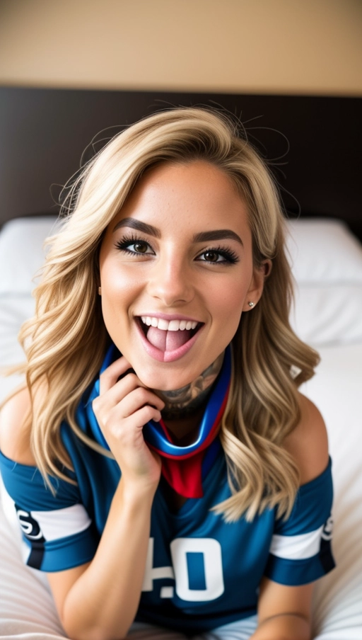 Number 345,
- Ethnic group - German,
- Age - 24 years,
- Skin type - fair,
- Hair color and style - blonde, shoulder-length, loose waves,
- Face - oval shape,
- Eyes - blue, sparkling with excitement,
- Mouth - wide smile, full lips,
- Nose - straight and petite,
- Clothing style - casual sporty, wearing a Germany football jersey, denim shorts,
- Location - inside the bed, in Germany jersey,
- Position - lying flat in bed,
- Teasing pose - jumping in unison, feet off the ground, showing camaraderie,
- Emotional expression - exuberant joy, mouths open in mid-cheer,
- Accessories - Germany flag painted on her cheeks, team scarf around her neck, friends with similar accessories,
- Make up - minimal, natural look with emphasis on eyes,
- Tattoos - small soccer ball tattoo on her ankle, possibly matching tattoos on friends,
- Camera angle - slightly below eye level, looking up to capture the groups collective excitement,
- Lighting - natural stadium lights, high contrast,
- Resolution - high resolution for sharp details,
- Camera type - DSLR,
- Camera settings - f2.8, 1-1000s shutter speed, ISO 800,
- Focus - on the group, background blurred to emphasize their unity,
(in Hotel room), Shirt pull Off,