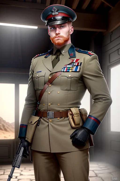Soldier, French Foreign Legion, Sargent rank, strong, tough, shaved head, pale skin, angry eyebrows, handsome blue eyes, small nose, strong cheeks, full ginger beard, strong chin, french military field uniform, French military barret, tactical, standing aiming a realistic AR15 rifle, battle, high definition, 4k quality, excellent lighting, great shading, pristine detail, very clear picture, vibrant colors, accurate at lower promp guidence, ultra realistic, five fingers per hand.
