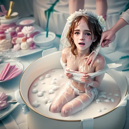 (best quality:1.4), (realistic), photorealistic, ultra detailed, 30mm,
shy adorably cute wet and messy Emma Watson as a bride bursting naked out of the middle of a giant cake at a bachelor party, covered in frosting and icing. messy, wam, skin covered in whipped cream or frosting, tied hands
<lora:dpmg_add_detail:0.5>, beautiful, (masterpiece),high resolution, uhd, 8k, overhead camera