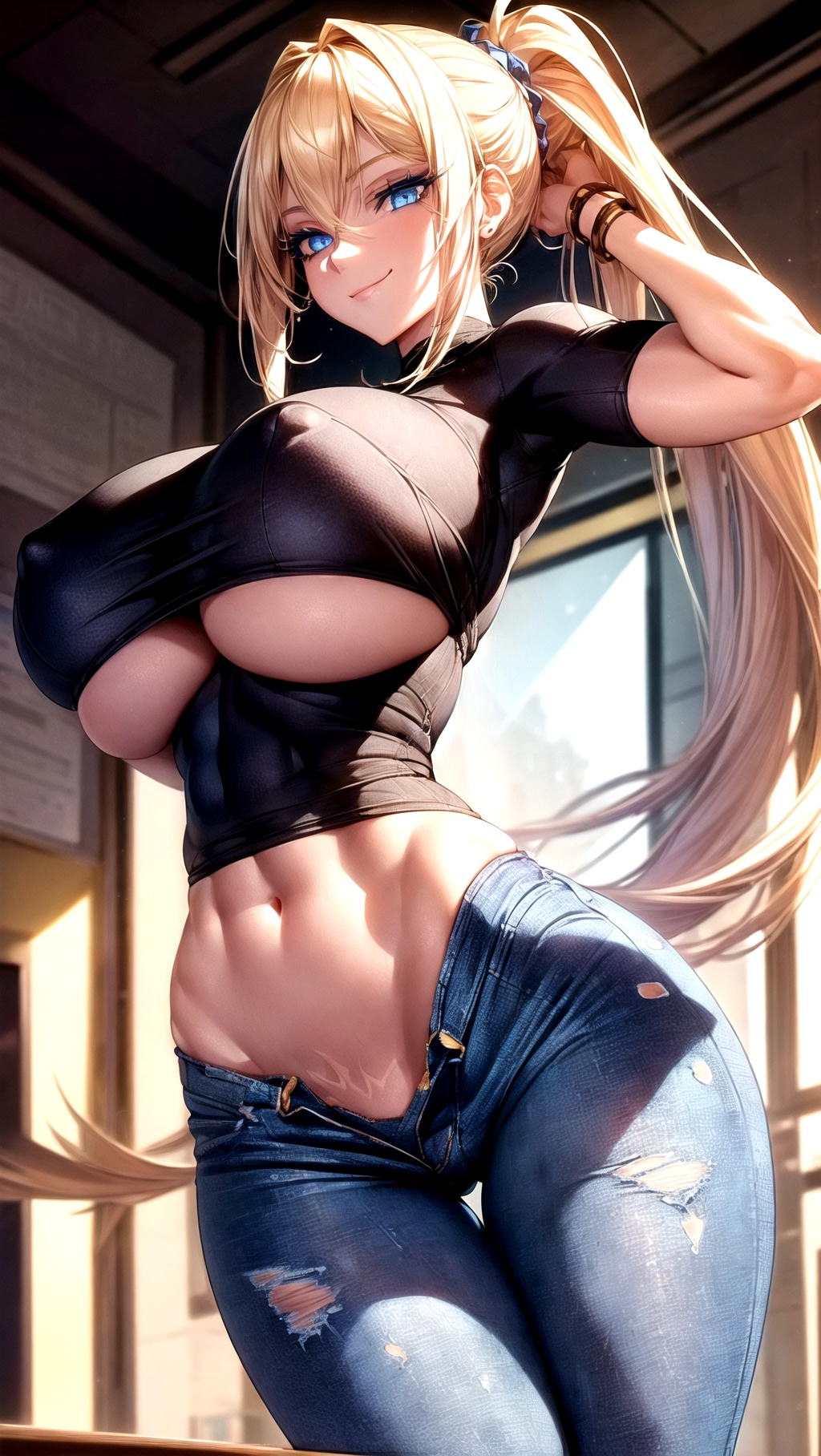 Beautiful, professional, masterpiece, hyper detailed, hyper quality, 8K resolution, HDR, UHD, ((classroom backdrop)), (1girl), solo, female focused, extreme face details, side view,
A beautiful teacher wearing a tight ((T shirt)) and ((tight jeans)), big boobs, busty, hair in a short ponytail, bellybutton, thigh gap, belt, abs, athletic, athletic body, slightly muscular, (((translucent clothes))), ((very thin clothing)), (((very thick thighs))), nipples, (((absolutely massive breasts))), (skinny waist), (long eyelashes), ((wide hips)), gold blonde hair, ((bright blue eyes)), ((((hyper detailed eyes)))), smug, smug smile, smug face, <lora:dpmg_add_detail:1>