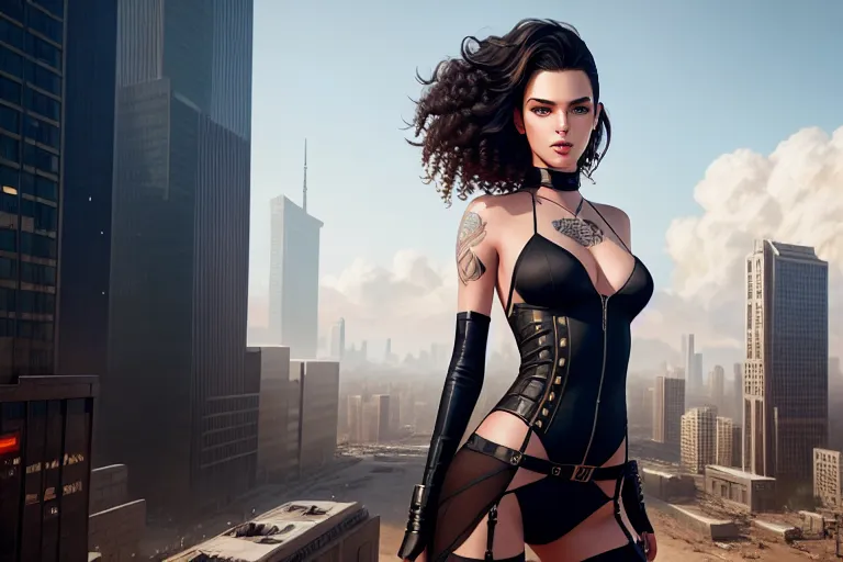 a digital art of,kendall jenner,wearing stockings,shooting from a high point,in a dystopian future,five slender fingers,curly hair,beautiful face,beautiful lips,curved eyebrows,textured skin,romantic,tattoo,surreal,bokeh,cgsociety,editorial,artstation