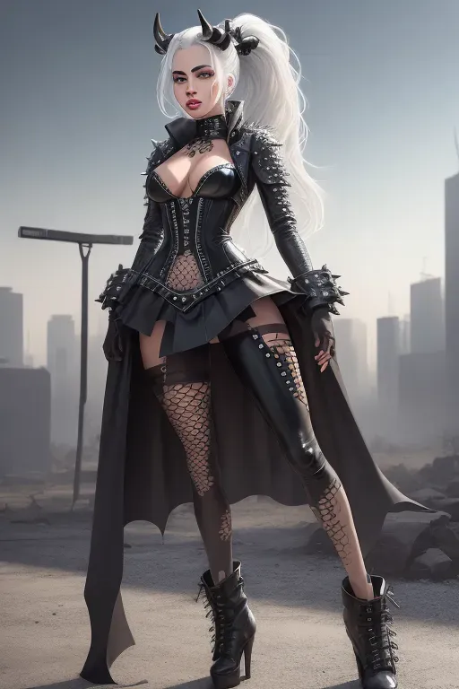 (photorealistic), (realistic), (best quality), (masterpiece), (pale colors), ((detailed facial features)), ((SFW)), ((an African black woman with horns with entire body covered)), ((anorexic skinny body)), ((huge heavy boobs)), ((plump bimbo lips)), ((small skinny butt)), ((thin skinny thighs)), realistic face, realistic eyes, anorexia, ((skin colored black and white spots)), ((black and white spots on skin)), (vitiligo skin), (outdoor setting), (white body paint), white body art, tan lines, matte skin, zebra pattern, cow pattern, piercing, wings, (multiple tattoos), metal jewelry, metal, spiked leather, chains, latex, goth, punk, fishnet, ornaments, cow print, zebra print, bimbo, white hair, ponytail hair, long hair, shaved head, bald head, ((full body covered)), (full body catsuit), shirt, bra, corset, bodysuit, long skirt, (leather pants), tights, leggings, long dress, (coat), (jacket), cape, spikes, armor, leather belts, high heels, 5 fingers on hands, 2 hands, 2 arms, 2 legs, 2 breasts, city background, ruins in the background, warzone in the background, night city in the background, winter forest at night in the background, insects, centipedes
