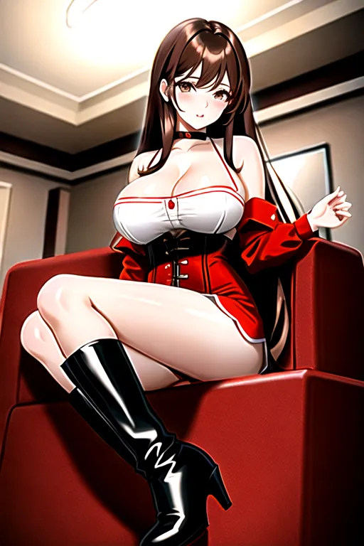 brown hair, brown eyes, pale skin, giant breasts, red minidress, miniskirt, white corset, choker, long hair, high heels, in living room, slim body, holding breast, looking at viewer, 1 girl, cleavage, 4k, black boots