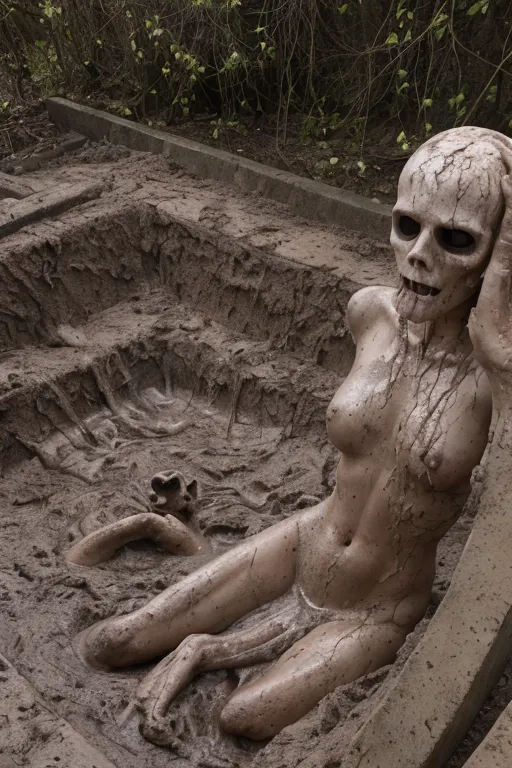 Naked woman,rising from the grave,cemetery,dark,crypts,bones,rain,mud,wet,dripping,muddy,undead