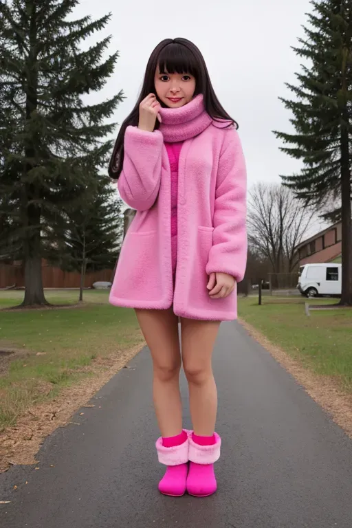 A cute girl wearing a pink plush sweater and a fur scarf and no pants, bangs, cute, Shaved pussy, plush socks, furry scarf, mittens, bottomless, no panties.