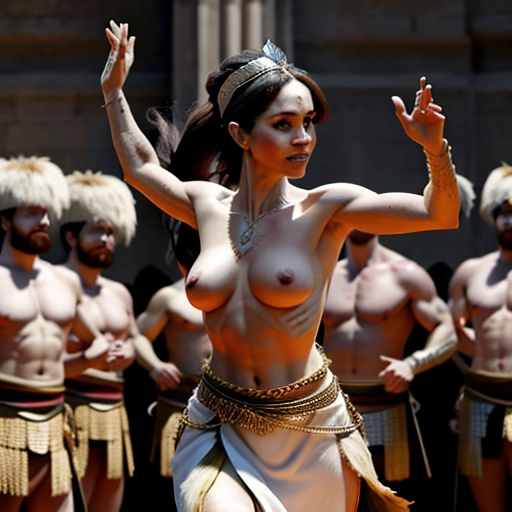 topless meghan MArkle as warrior queen doing wardance