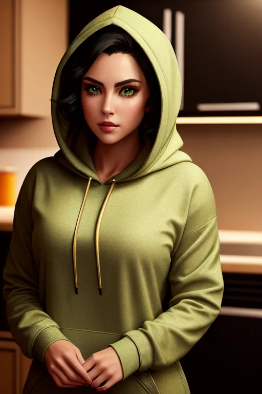 a color pencil draw of,an empress,wearing hoodie,lying,in the kitchen,five fingers per hand,short thick hair,charming face,beautiful lips,green eyes,curved eyebrows,textured skin,satisfaction,wearing golden ring,ultra realistic,professional,cinematic lighting,bokeh,unreal engine