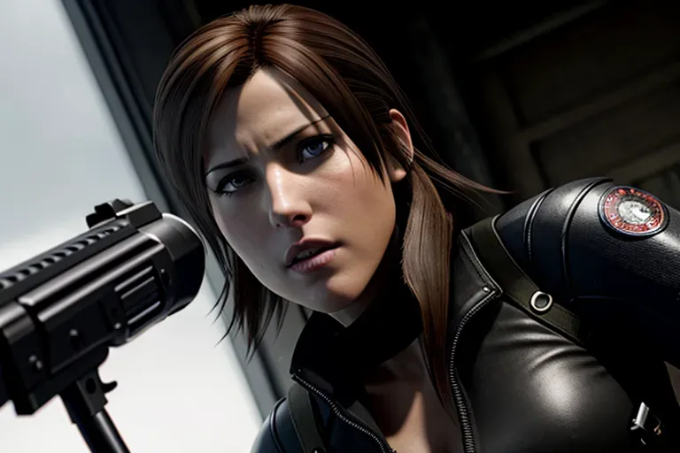 a photo shot of,claire redfield, in resident evil, in black tactical pants, black military armor, gun holsters, combat boots, five fingers per hand,bob cut brown hair,charming face,beautiful lips, deep eyes,curved eyebrows,textured skin,cgsociety,8k,unreal engine,highly detailed,artstation, deviantart, cinematic, sharp image, centered, medium close up, 8k,studio lighting