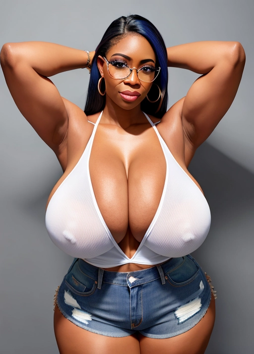 voluptuous, humongous breast, ebony girl, hands behind head, white tank top, huge nipples, blue jean shorts, curvy, huge cleavage, eye glasses