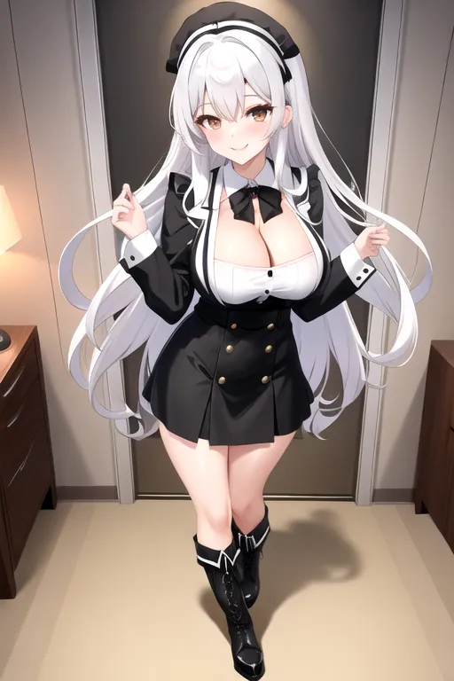 miniskirt, black maid uniform, white hair, choker, brown eyes, pale skin, giant breasts, boots, cleavage, high heels, looking at viewer, walking across room, living room, 1girl, smiling, wavy hair, 8K, Full body photo, slim body