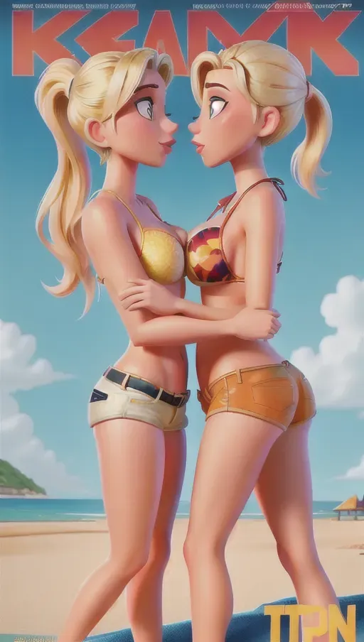 magazine cover, lesbian couple, kiss, blonde, pony tail, beach, bikini, short shorts, Amber Heard