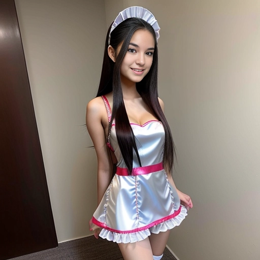 Asian teen girl in a slutty maid costume straight hair .