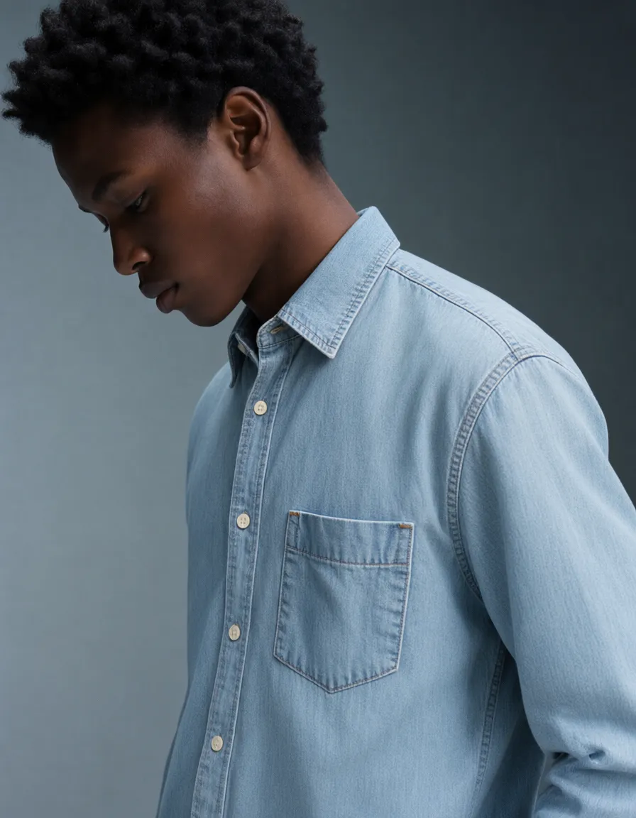 Keep the character and pose in <image1> unchanged, put this light blue denim shirt from <image2> on the character, preserve the original facial features, hair, body shape and pose, the denim shirt fits naturally on body, realistic denim fabric texture, natural clothing folds, keep the original background and original lighting, high fashion editorial photography, sharp details