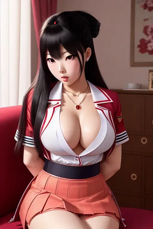 a concept art of,ai uehara,wearing japanese high school uniform,sitting down sucking a dick,in a tea party,amazing breasts,five fingers per hand,gorgeous face,beautiful lips,curved eyebrows,curved eyelid,smooth skin,cosy,wearing necklace,professional,cinematic lighting,editorial,8k,highly detailed