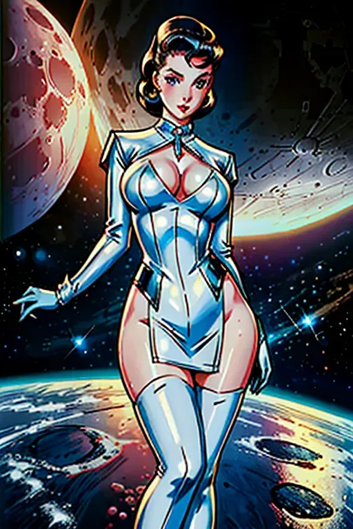 extremely high detail, high detail face, sexy young Caucasian girl, 50s era hairstyle, sexy 50s era space opera space outfit, sexy body, on the moon, full body view,