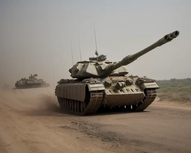 a large battle tank in a dusty battlefield looms out of the smoke of the battle in the during a large tank battle