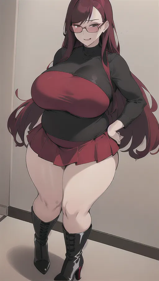 Dark red hair, sexy glasses,Sexy women ,big boobs,pregnant gigantic belly,fat belly and fat boobs,weight gain, gigantic fat belly,fat belly ,huge pumped up belly, black mini skirt, black high heels boots,sex,nude boobs, <lora:dpmg_pov_Big_fat_belly:1> , (( women vore )),((((vore belly)))),(((women prey vore belly XL))),