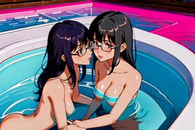 two naked girls laying on each other, two lesbian girls fuck, two girls sex, two girls touch, two girls kiss, two girls finger fuck, Naked wet hair ((Mila Azul with no glasses)) and ((Mia Khalifa)) making each other cum in a swimmingpool,