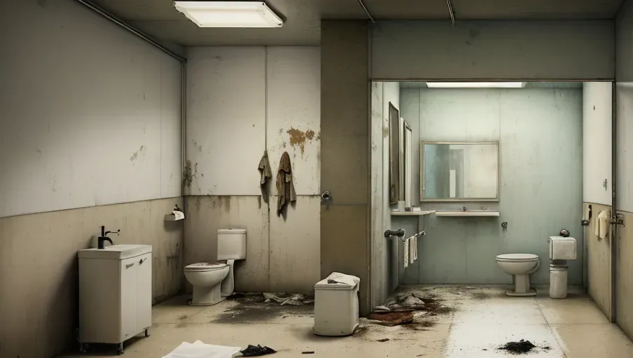 A realistic photo of a moody modern bathroom with grimy, dirty white walls. To the right is a toilet and hanging roll of toiler paper. dramatic lighting. Dark.