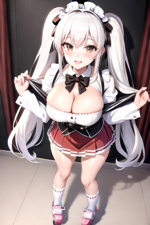 8k quality, brown eyes, pale white skin, white hair, giant breasts, cleavage, looking at viewer, pov, long hair, wavy hair, standing in bedroom, maid uniform, roller skates, miniskirt, pigtails, full body photo, smiling