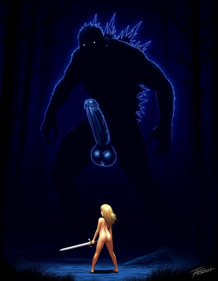 @Frank Frazetta
Background is dark evil forest, in the darkness a giant dark blue monster with spikes looms in the darkness, only its outline is visible, it has a giant erect human looking cock and balls, ((giant penis)),
In the foreground is a blonde girl, dwarfed by the size of the monster, she is naked and stands ready to face the monster, she holds a sword,