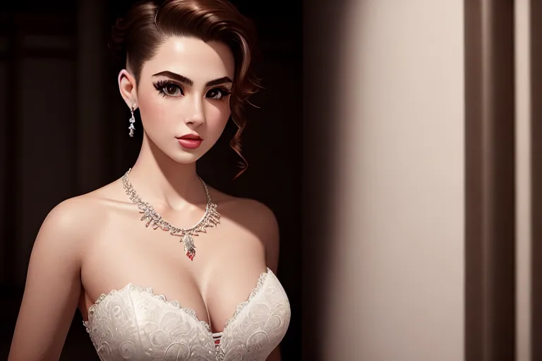 a digital art of,a canadian girl,wearing wedding dress,leaning against the wall,in a temple,big breasts,five fingers per hand,undercut hair,beautiful face,beautiful lips,brown eyes,curved eyebrows,curved eyelid,pale skin,peaceful,wearing necklace,8k,studio lighting,professional,cinematic lighting,smooth