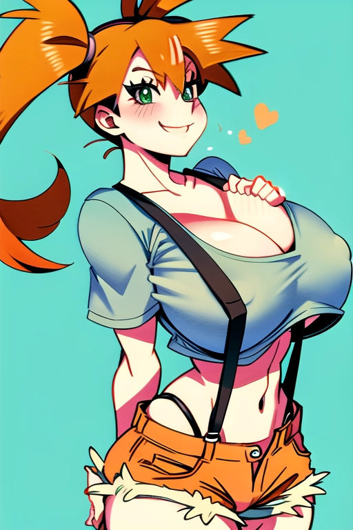 (Pokemon Misty). Red Suspenders. ( crop top.) Tiny jean shorts. (Orange hair pigtails). ((Green outfit)) (((huge breasts))). Huge tits. Cleavage. (Big tits). ((Round soft giant tits)). Smile.
<lora:dpmg_better_bodies:0.1>
Best quality. 8k. Masterpiece.