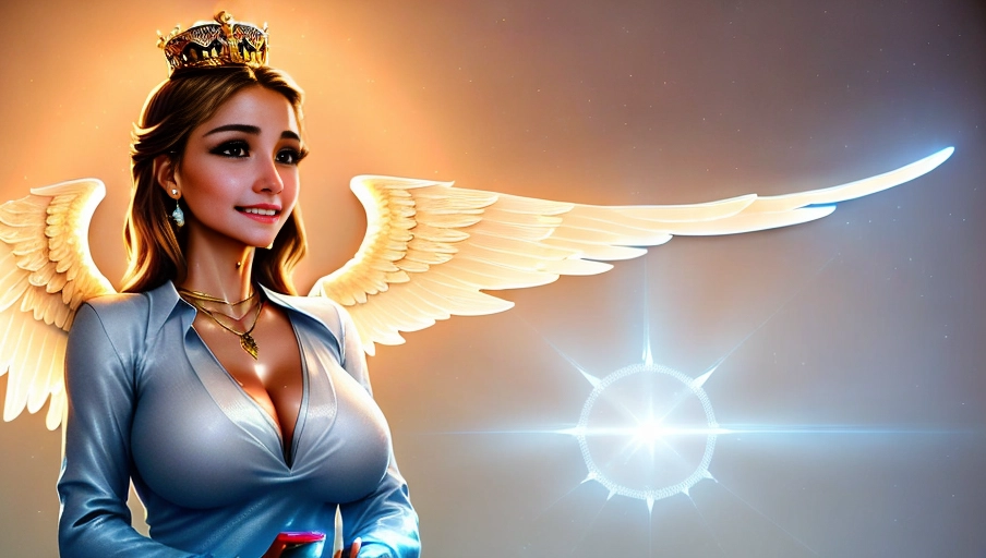 a 64k high detailed photo of body shot of straight female HDR Professional ((In clothing))) ((Has Attire)) Godly Ultra Detailed Best Quality Most Detailed ((Angel Wings)) Angelic Lighting Love Hope Magic casting Crown Smiling King happy Glory Warrior Angels Angelics Positivity Happiness ecstasy enraptured sweaty saving God Royalty Morality Goodness True Good Power Force Authority Ethical Saviour orgasm face Halo short Hair Always and Forever Sentimental in heat hot ultra hot best best lighting tantric Neutral Brilliant Logical Compassionate Perfect Perfection Exciting Integrity Winged Courage Purity Harmony Beauty mark on upper lip ((Female)) Ethereal Lighting Celestial Lighting (((With Clothes))) ((With God Item)) ((God Tech)) with items of power God Wings ((Happy Expression))