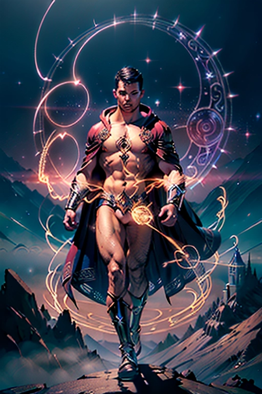 ((8k, RAW photo, best quality, masterpiece:1.2), (magical, enchanting:1.37), <lora:dc_marvel_v1:1>, mystical 1boy, male, wizard, short boy hair cut, semi-nude, full body, casting a powerful spell, intricate arcane runes and symbols, ethereal and atmospheric setting, magical lighting illuminating the scene, expertly crafted photon mapping and radiosity, physically-based rendering for enchanting effects, captivating and intense gaze, mesmerizing and detailed lips, meticulously crafted facial features, expert use of lighting and shadows to enhance the magical ambiance, female wizard adorned in revealing enchanting hooded robes or attire, clothing exposes chest, intricate and ornate staff or wand, 1 semi-naked boy wizard, full body composition capturing the magic in motion, see-through fabric, captivating connection with the viewer, mystical backdrop with swirling energies and ethereal elements, ((crackling magical energies)) emanating from the spellcasting)), perfect hands, five fingers,