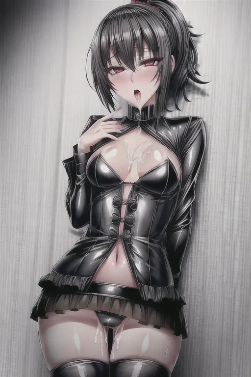 Hi-resolution, semen, cum, bukkake, embarrassment, open mouth, very short black hair, red eyes, medium breasts, black lipstick, slut, slutty, goth, emo, detailed eyes, detailed mouth, dpmg_awaitingtongue_v1, dpmg_face_cum_v1, thin, slave, drenched in cum, small breasts, <lora:dpmg_add_detail:1>, facing the viewer,