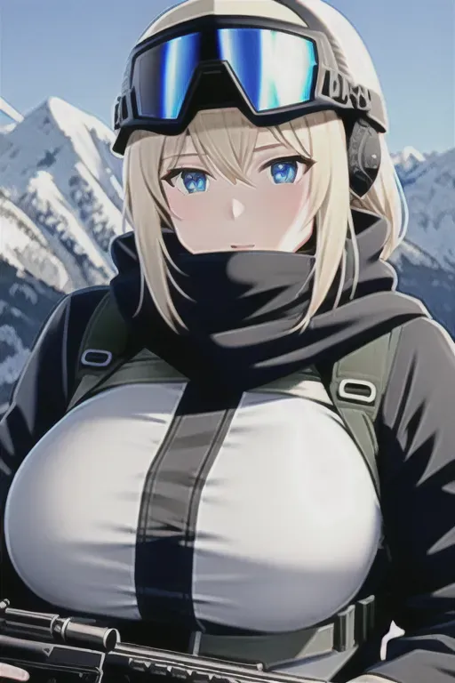 alpine background, alpine colored tactical equipment, female, looking in the camera, an-94. helmet with NVGs, black balaclava, no flags. black scarf, big tiddies, nightvision googles, face and hair is not shown