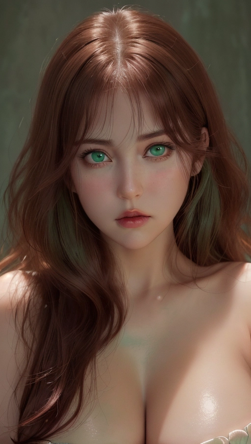 A high resolution photo shot of ultra detailed, ultra detailed skin, Adult heavy metal woman, masterpiece, (realistic, photo-realistic:1.37), serious face, ((green eyes)), rosy cheeks, Caucasian skin, wavy dark red hair, heavy eyeshadow, tattoos, nude, medium breasts, dark red lips, highly detailed skin textures, highly detailed eyes, blank green background, gorgeous wide round face, ((chubby cheeks)), professional photograph, dramatic lighting,