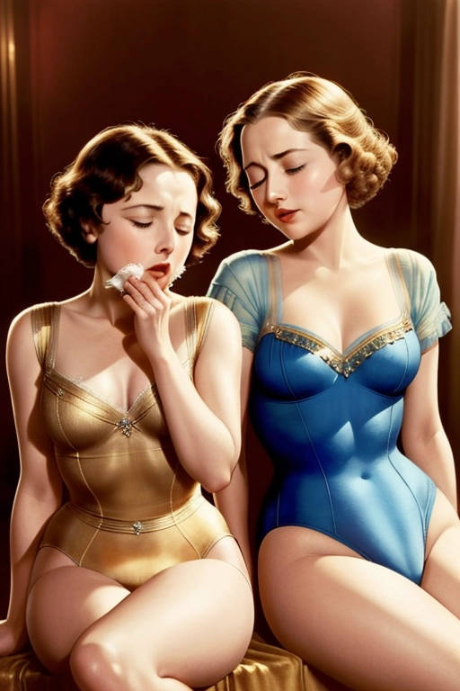 1920s style, beautiful young Olivia de Havilland and Joan Fontaine, aged 20, ((accurate faces)), sitting together in an elegant bedroom, ((sexy period leotards))She is having a powerful (((sneezing fit))) ((sneezing)) allergy, hay fever, with nostrils flaring, ((eyes closed)) and ((mouths wide open)),