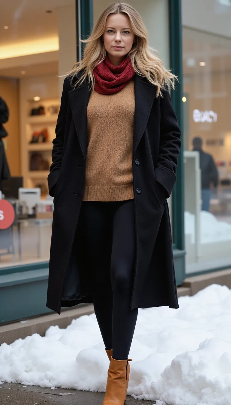 48 year old, long wavy messy hair, realistic woman, realism, hyper-realistic,
wavy blonde hair, hair styled with a blow dryer, feminine figure with hips,
medium droopy tits, cleavage, wearing a tan cashmere cowl neck sweater and black leggings, Long black wool overcoat, red scarf around neck, long legs, full body view, feminine legs, tan high heel ankle boots, posing for a casual photo outside of the Macys entrance to the Valley River shopping Mall in Eugene Oregon, light snow on the ground, cloudy day,