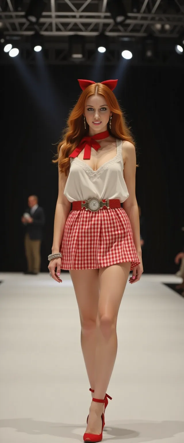 Walking in an exciting sexy stage pageant white background, (((full body long view))), a (very tall taller tallest), athletic, stunning, fit, redhead supermodel with long beautiful curly shiny hair, muscles, hourglass figure, wearing a short red pleated checkered miniskirt, sleeveless white frilly shirt, red (hair bow), red stiletto high heels, belt, (((very long longer longest legs))), ((big huge breasts)), earrings, bracelets, red (neck ribbon), (makeup), visible toes, pink nails, eyelashes, toned, amazing toned physique, (shiny (oiled) glossy glistening skin), pink lipstick, wide hips, smiling, alone