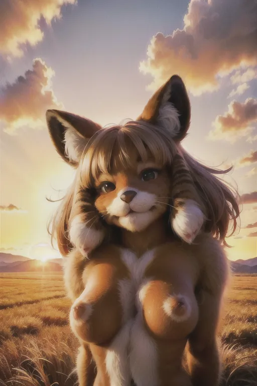 nude, 30-years old, beautiful hare woman (with a human face) naked in a meadow at sunset, ((she looks happy and delighted)), (smile:1.1), (((furry breast:1.4))), (((furry brown skin:1.4))), (((beautiful ((human)) face))), (freckles:1.2), (close-up:1.1), beautiful big round eyes, highly detailed, (cinematic lighting), cinematic composition, soft atmosphere, (wonderful clouds colored by the setting sun), ((flying bugs)), UHD, HDR, vivid colours, bokeh, (highest quality:1.8), highest resolution, (photorealist:1.72), (photorealism:1.72), (masterpiece:1.18), --s 250 --v 5.2