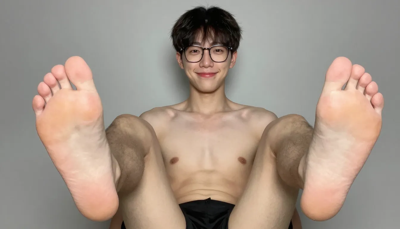 young but slutty 18 year old korean boy, fully nude, with short hair and glasses. He spreads his legs wide to show his cute bare feet and soles and toes to the camera, smiling seductively.