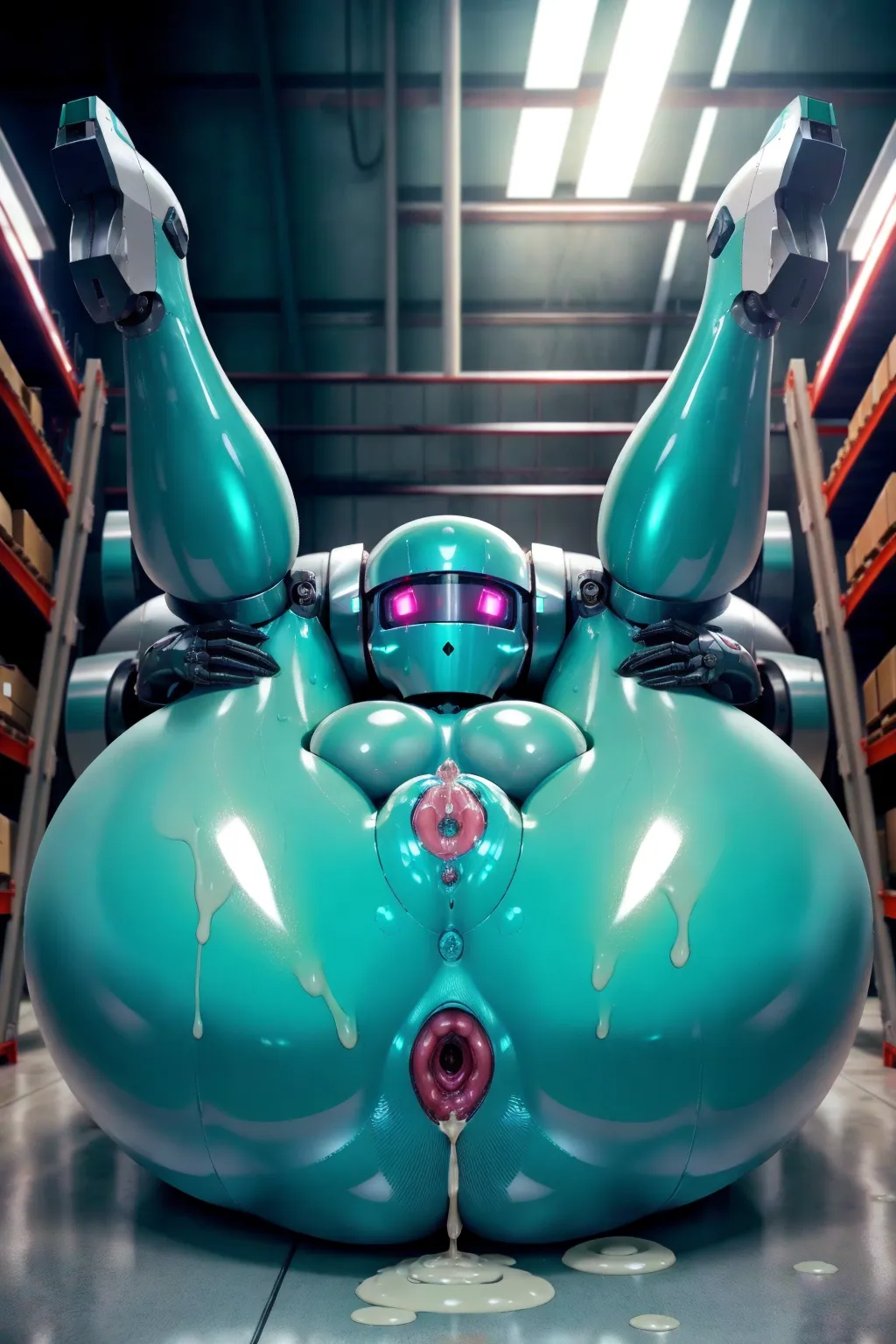 industrial robot, soft body, swollen vagina, fat pussy, feminine robot head, gigantic ass, wide hips, thick thighs, visible pussy, legs up, dripping cum, spreading legs, covered in cum, high definition, realistic lighting, in warehouse, vaginal penetration